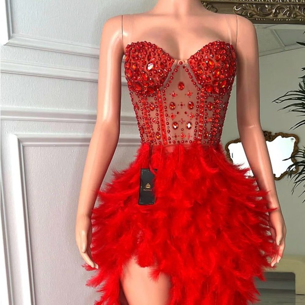 Red Embellished Sweetheart High Low Gown